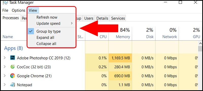 Tùy chọn View trong chế độ xem chi tiết của Task Manager